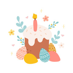 Easter cake with candles, colorful eggs, flowers and plants. Vector flat hand drawn illustration