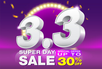 March Sale Promotion at the beginning of the year 3.3 sales campaign. Big sale event on the stage of the spotlight LED and neon lightning. Ads for web, social media, shopping online.