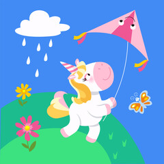 Obraz na płótnie Canvas Cute unicorn flies kite. Cartoon character animal horse, scene for design. Vector illustration. 