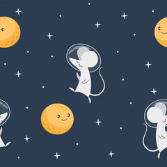 Seamless vector pattern. Cute mouse astronaut. Smiling moon. Pattern for children's products 