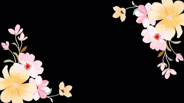 Watercolor flower appearing composition. Leaves and flowers grow and bloom. Dynamic and bright pattern. Valentine's Day, Mother's Day, Weddings, and Women's Day transparent loop video animation