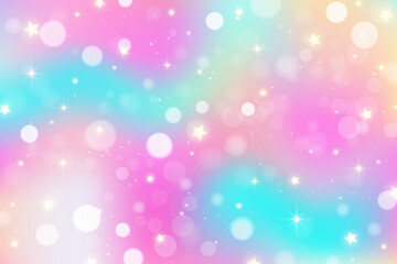 Rainbow unicorn fantasy background with stars and bokeh. Holographic illustration in pastel colors. Bright multicolored sky. Vector.