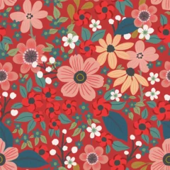 Meubelstickers A pattern of pink, orange and red flowers with white berries and green leaves on a red background. Cute vintage composition for wallpaper, print, poster, postcard. © Maxim