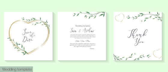 Fototapeta na wymiar Vector template for wedding invitations. Delicate green twigs, gold frame in the shape of a heart. 