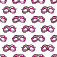 Seamless pattern with masquerade mask for Jewish holiday Purim on white background.