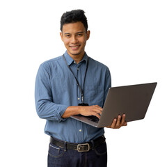 close up young manager asian businessman hold laptop and type while looking on transparent background for png design as business and working people concept