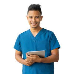 close up young asian nurse man smile and hold digital tablet for record of OPD isolated on transparent background for healthcare worker and png design concept	