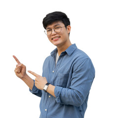 close up asian man smile during make hand gesturing (add content) on transparent background for...