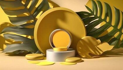Organic Sunshine: A Minimalistic Showcase for Natural Cosmetic Products on a Tropical Leaf Shadow Background. Generative AI