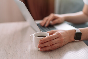 Lady sitting on sofa typing text on laptop keyboard.