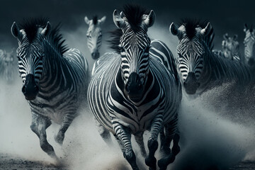 A herd of zebras running across the plains icy snow season