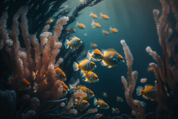 Fototapeta na wymiar A school of fish swimming in a coral reef