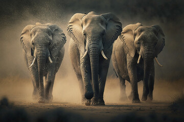Fototapeta na wymiar A group of elephants grazing in the grasslands