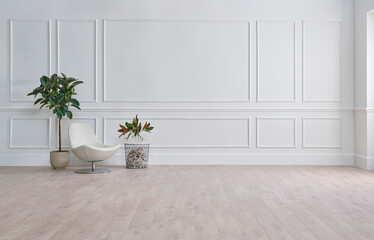 White classic wall background, brown parquet floor, home furniture detail, frame and vase of plant.