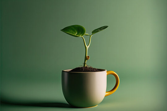 concept image of a plant blooming out of a coffee mug, earth day eco friendly green technology studio image, for a green business. Generative AI