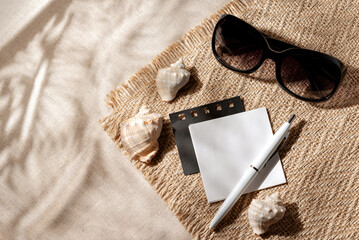 Minimal aesthetic summer brand template, blank paper card with copy space, sunglasses, sea shells...