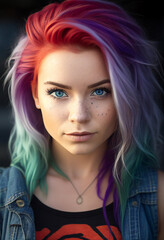 Naklejka premium Non-binary person, fluid gender awareness, young woman portrait looking at camera. Generative AI model
