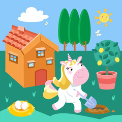 Cute unicorn in garden digging hole and replanting lemon tree. Cartoon character animal horse, scene for design worksheet. Vector illustration. 