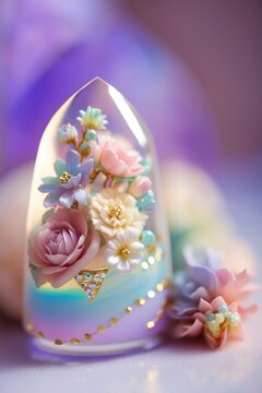 かわいい ガラス瓶に入ったパステルカラーのフラワーデコレーション 水中花 花の形の雑貨のイラスト Generative AI