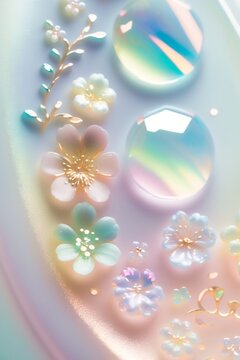 かわいい パステルカラーのフラワーデコレーション 花 クリア オーロラカラーの装飾 キャンディのフェイクスイーツのイラスト Generative AI