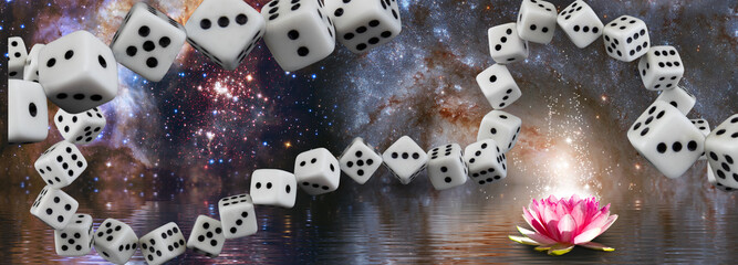 Dice placed in the form of a continuous chain. Lotus flower on the water surface. 3d-image