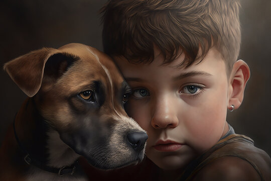 Puppy love - a sweet boy hugging his cute dog.  Generative AI.