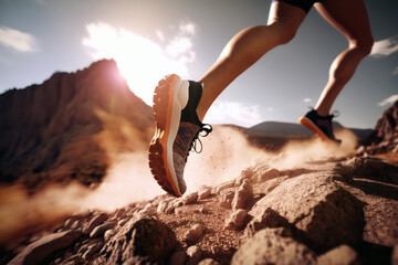 Hiking in the mountains. Female legs with sports shoes running on a trail, close up. Generative AI