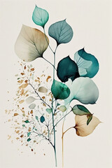 Botanic art watercolored leafs and flowers botanic art. Generative AI