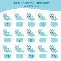Obraz premium Counting by one's the cute and kawaii baby dragon practising math in multiple of 1s activity worksheet for kids. Write the missing numbers, math multiples. Educational printable math worksheet 
