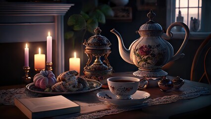 Obraz na płótnie Canvas Rustic style still-life of afternoon tea set on wooden table, antique books, porcelain tea set, burning candles, evening light from the window. Generative AI