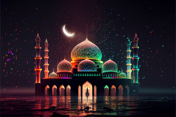 illustration of neon colors mosque with high minaret on the night . AI - obrazy, fototapety, plakaty