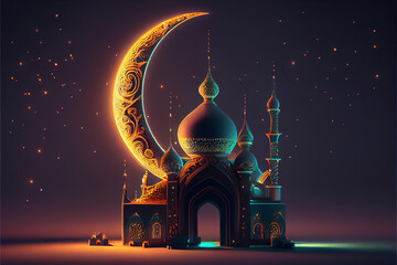 illustration of neon colors mosque with high minaret on the night . AI - obrazy, fototapety, plakaty