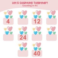 Counting by four's the colorful hearts vector practising math in multiple of 4s activity worksheet for kids. Write the missing numbers, math multiples. Educational printable math worksheet.