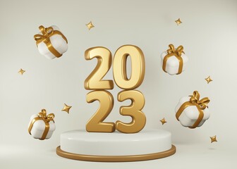 3D 2023 new year podium illustration. celebration concept gold design.