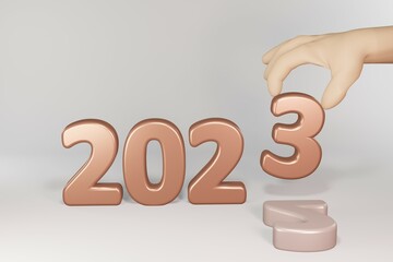 3D 2023 new year podium illustration. celebration concept rose gold design.