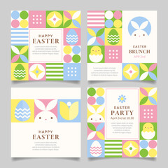 Happy Easter card or background set with colorful geometric design elements. Easter templates for greeting card, social media post, banner, invite, etc.