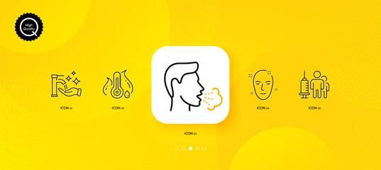 Fototapeta na wymiar Health skin, Medical vaccination and Washing hands minimal line icons. Yellow abstract background. Fever temperature, Cough icons. For web, application, printing. Vector