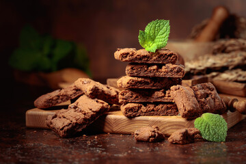 Brownie with mint on an old table with kitchen utensils.