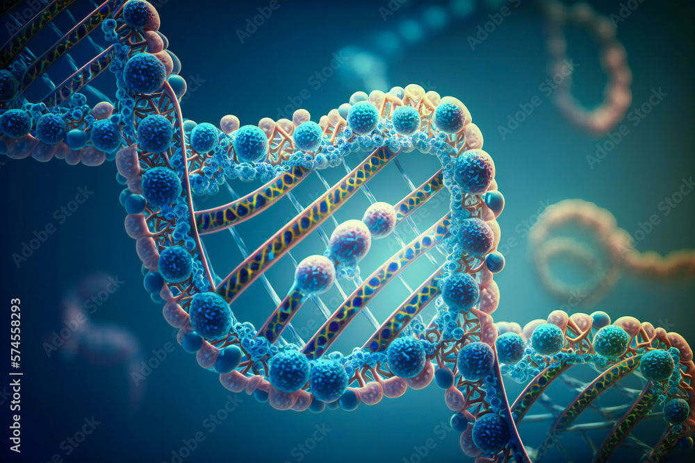 Aufkleber blue double helix dna strand macro. created with generative ai technology.