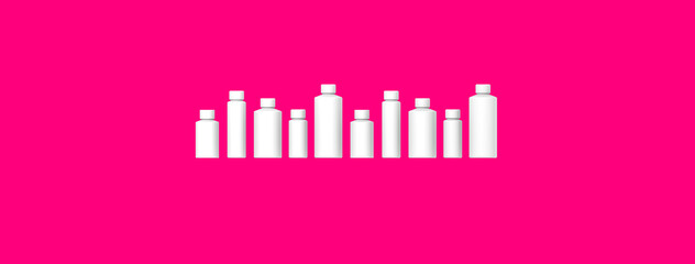 White cosmetic bottles isolated on red background. Packaging of cosmetics. Ten containers for cosmetics. Horizontal image. Banner for insertion into site. 3d image. 3D visualization.