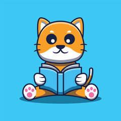 Cute Cat Reading Book Cartoon Illustration. Studying Animal Icon.