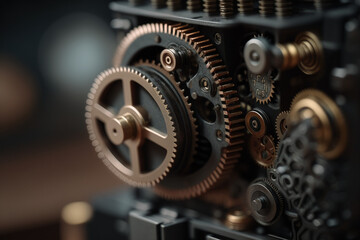 A close up of a complex mechanical device or machinery with gears and levers