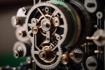 A close up of a complex mechanical device or machinery with gears and levers - obrazy, fototapety, plakaty