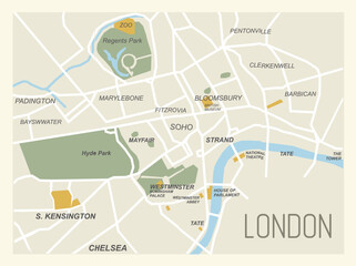 Decorative poster map of central London. Vector - 574558670