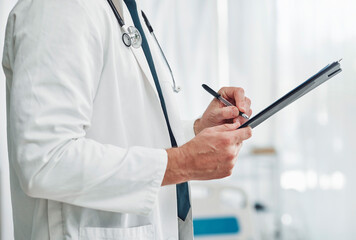 Doctor, clipboard or hands writing checklist for healthcare consulting, medical information or...