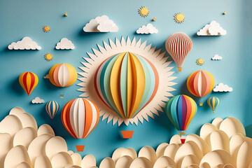 Creative paper art of sun, clouds and rainbow colored hot air balloons. Spring scenery, summer nature poster. Generative ai.