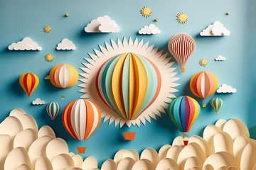 Crédence de cuisine en verre imprimé Montgolfière Creative paper art of sun, clouds and rainbow colored hot air balloons. Spring scenery, summer nature poster. Generative ai.
