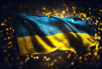 Ukraine flag with colorful shiny bokeh light background. Nation flag in the dark with illumination light. National day concept. Generative AI