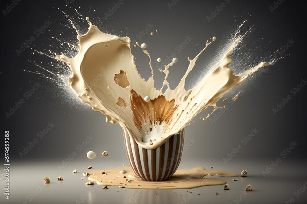 Aufkleber surreal disintegration of a cup with milk and liquid chocolate or coffee splashing out. created with