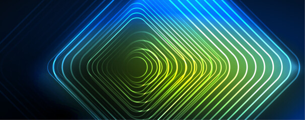 Neon glowing lines and angles, magic energy space light concept. Vector illustration for wallpaper, banner, background, leaflet, catalog, cover, flyer